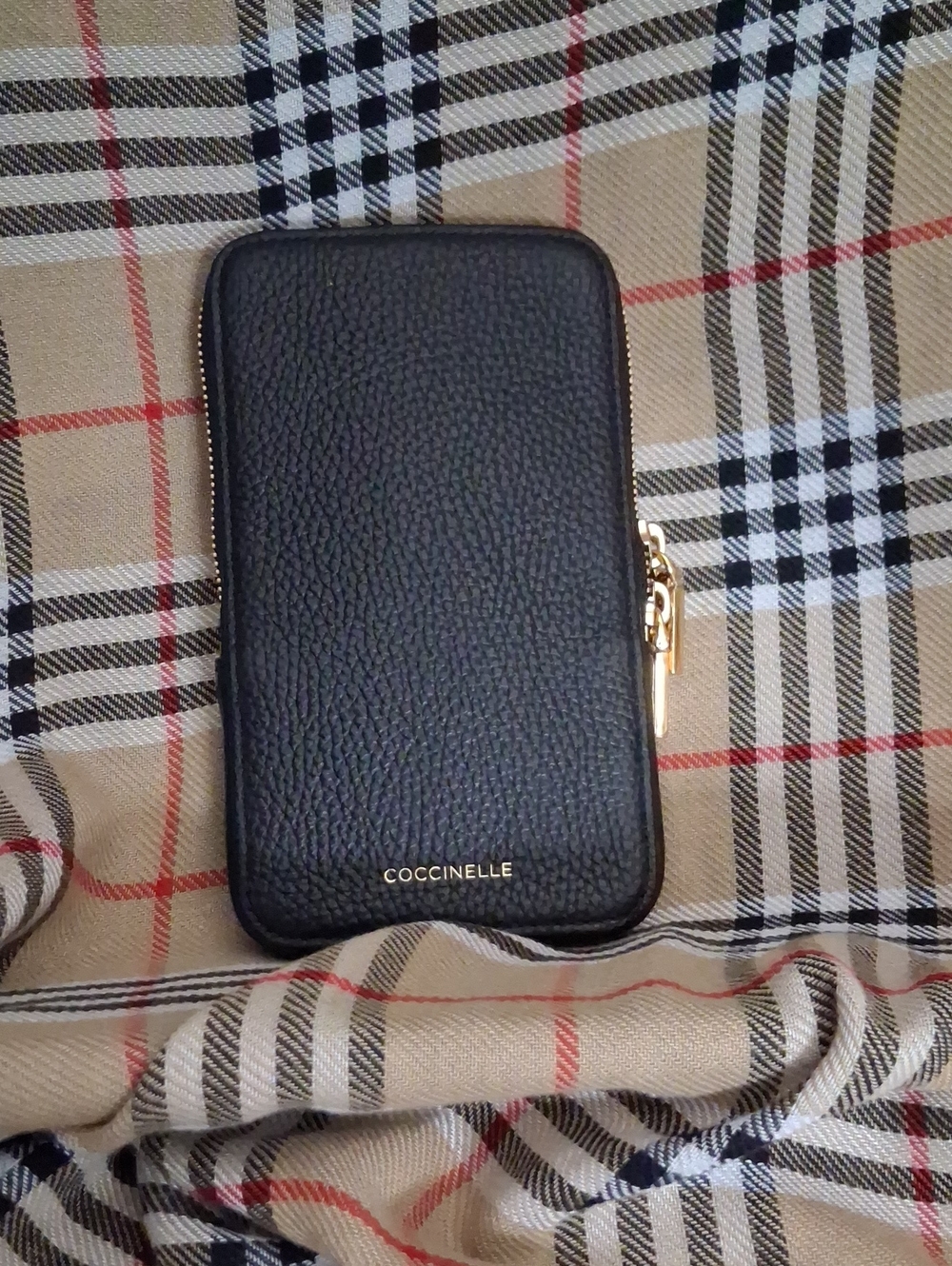 Coccinelle Black Pebbled Leather Phone Case with Gold Zip